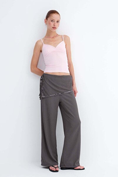 Addax Sequin Striped Tie-Up Trousers Pn18515