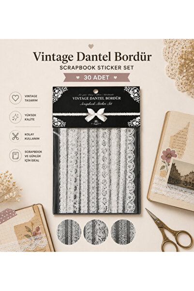 hediyeofisi Vintage Dantel Bordür Scrapbook Sticker Set 30 Adet