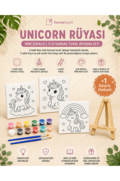 KanvasSepeti Unicorn Rüyası Mini Şövaleli 3'lü Boyanabilir Kanvas Tuval Seti ...