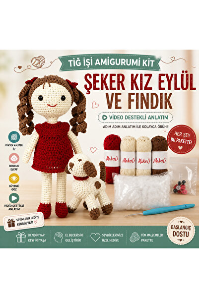 seymatabur Tığ İşi Amigurumi Kit - Şeker Kız Eylül ve Fındık Köpek Seti 24 cm...