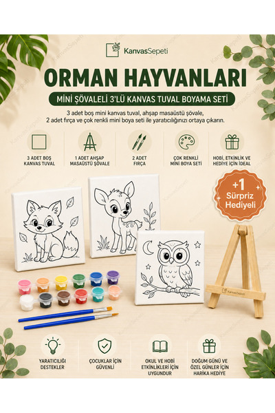 KanvasSepeti Orman Hayvanları Mini Şövaleli 3'lü Boyanabilir Kanvas Tuval Set...