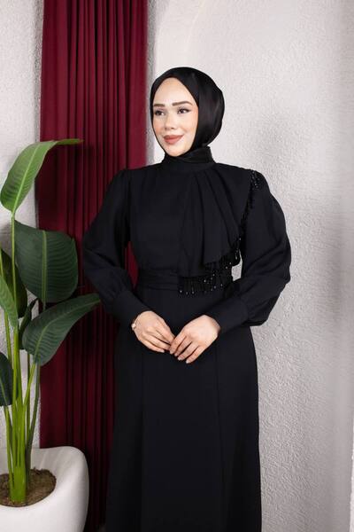 Seyteks Siyah Taş ve Püskül Detaylı Kemerli Uzun Kollu Nikah Nişan Düğün Dave...