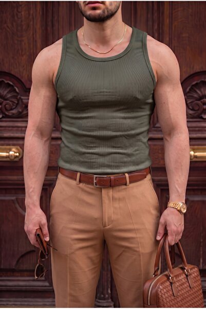 Teenage Millionaire Men's Khaki Colored Halter Collar Ribbed Lycra Undershirt