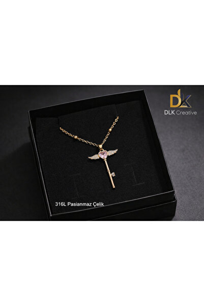 DLK Creative 316L Çelik Kalp Taşlı Kanatlı Anahtar Tasarım Kolye