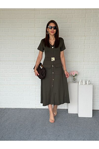 Goncalya Gold Buckle Midiboy Modal Dress