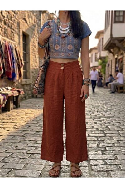 AYASOFYA OTANTIK Women's Italian Elastic Waist Wide Leg 100% Linen Trousers w...