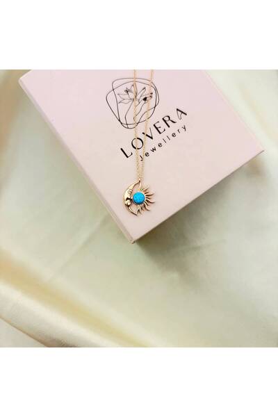 Lovera Jewellery 925 Ayar Gümüş Sertifikalı Mavi Opal Taşlı Ay ve Güneş Kolye