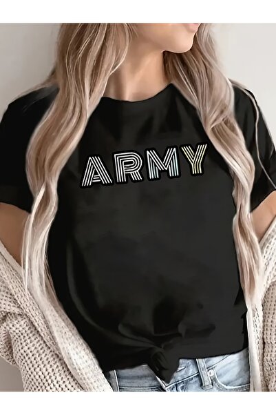 1001 Line تي شيرت نسائي قطني بأكمام قصيرة بتصميم نصي عسكري، خفيف الوزن ومتين،...