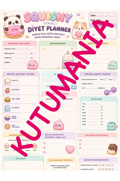 Kutumania Squishy Temalı Diyet Plannerı 30 Yaprak A4 | Beslenme, Su ve Hedef ...