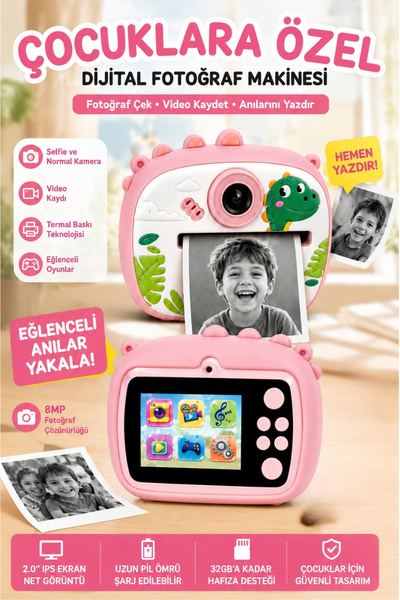Toyaş Dinozor Temalı Çocuk Dijital Fotoğraf Makinesi Termal Baskılı Kamera Se...