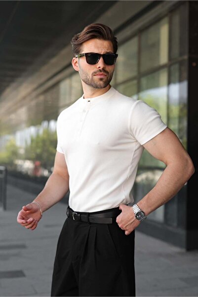 Madmext Ecru Slim Fit Judge Collar Knitwear Men's T-Shirt E7189