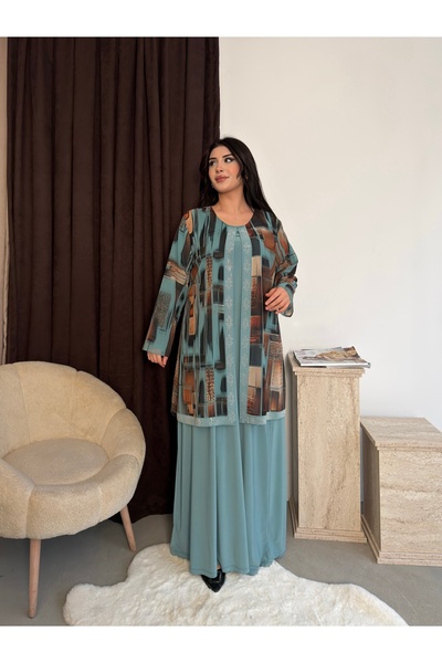 Missrosemoon Yeni Sezon Büyük Beden Tesettür 2’li Elbise Takım –Taş detaylı d...