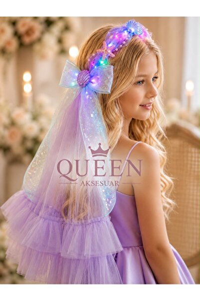 QUEEN AKSESUAR Işıklı Deniz kızı Kabuğu Yıldızı süslü Lila çember Taç 45cm Uz...