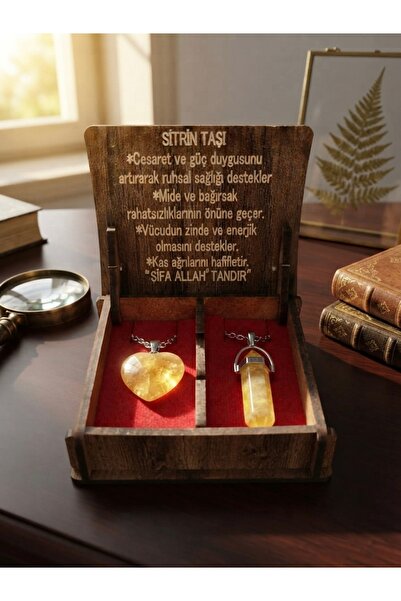 Meneva Aksesuar Citrine Stone Natural Stone Double Necklace Set with Wooden Box