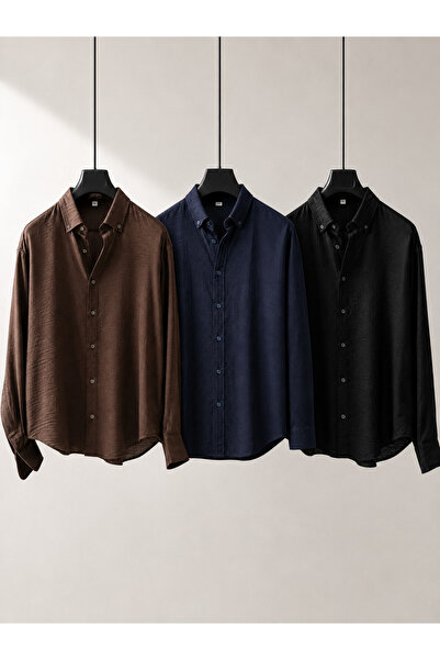 ixir 3-Pack Men's Button-Down Collar Linen Shirts Regular Fit Comfortable Cut...