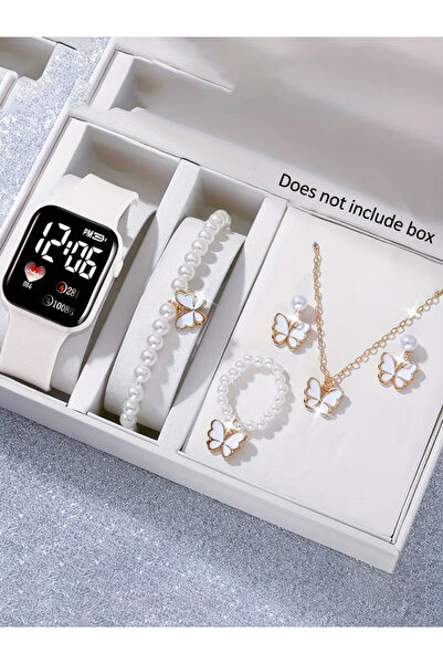 Choice1 white Set of 6 minimalist square LED watches with butterfly pearl jew...