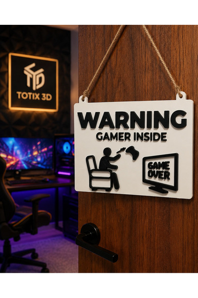 Totix 3D Gamer Odası Kapı Tabelası – Warning Gamer Inside Dekoratif Oyuncu Ka...