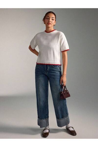 yardıtekstil Red Detailed Knit Patterned Knitwear Sweater