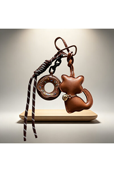 Choice brown Cute Leather Cat Bag Charm Kawaii Donuts Keychain with Aesthetic...