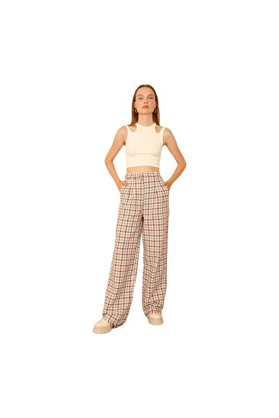 Kaktüs Moda Women's Mid-Rise Plaid Wide-Leg Pants – Effortless Chic
