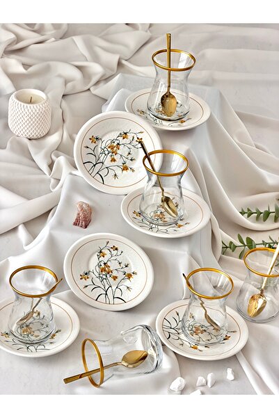Yiğit Seramik Züccaciye Sarı Çiğdem Model Gold Gilded 6-Person 12-Piece Luxur...