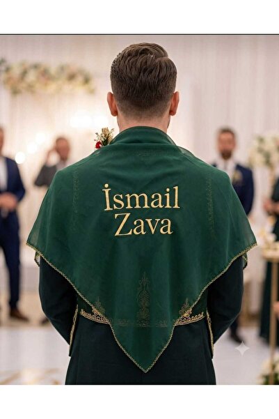 Evsay Nakışlı İsimli Yeşil Şifon Damat Zava Örtüsü Omuz Şalı Gold Nakışlı (El...