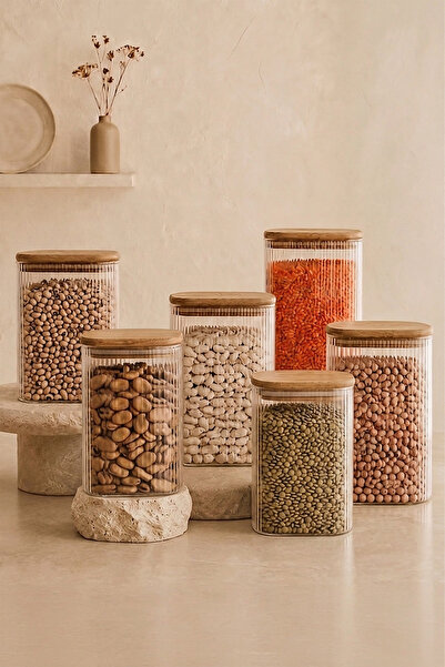 Kitchen Life Σετ 6 ορθογώνιων βάζων με ξύλινα καπάκια και ετικέτες Mega Size,...