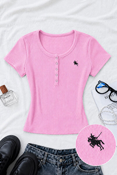 Violon Pink Button Embroidered Snap Blouse