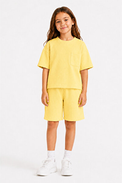 monox Unisex 5-12 Yaş Petek Dokulu Oversize Yazlık Şort Tişört Takım