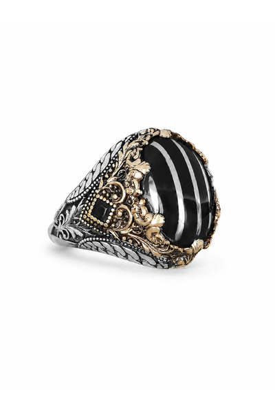 Mirari Jewelry Mine İşlemeli Taşlı Altın Detaylı Modern Erkek Yüzük | Premium...