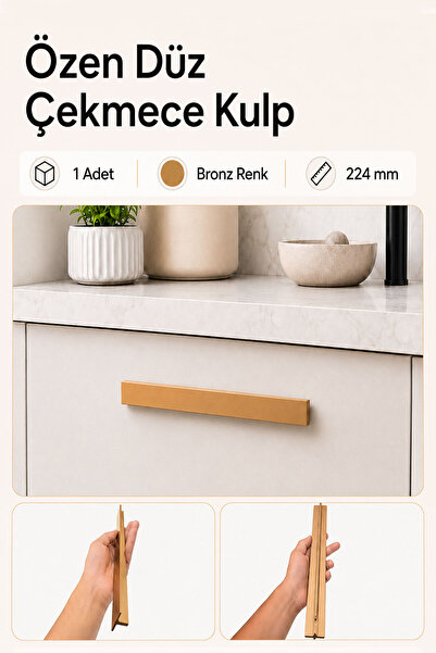 Badem10 Özen Düz Bronz Metal Çekmece Kulpu 224 mm Mobilya Dolap Kapak Kulp Mu...