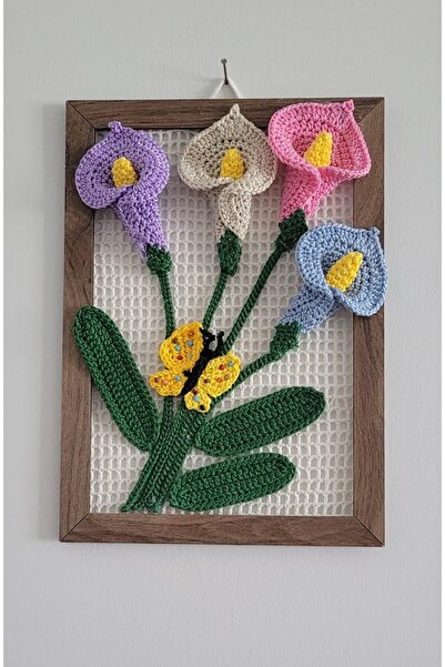 Premium Sert Makrome İpi Gala Çiçekli Duvar Panosu Kelebek Detaylı Örgü Tablo (25x30 cm)