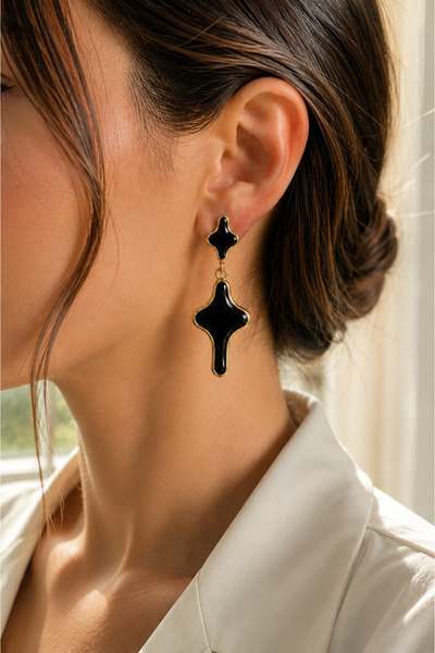 POYASE Black Shiny Stone-Looking Gold Detailed Dangle Earrings for Women |   ...