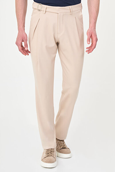Mcr Straight Slim Fit Pleated Belt Buckle Men's Trousers Beige - 38369.26Y