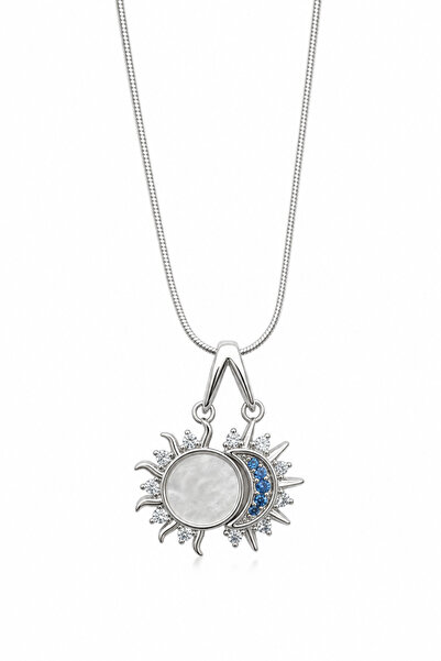 Jack Ferrero Gray Color Women's Necklace with Sun and Moon Figures and Zircon...