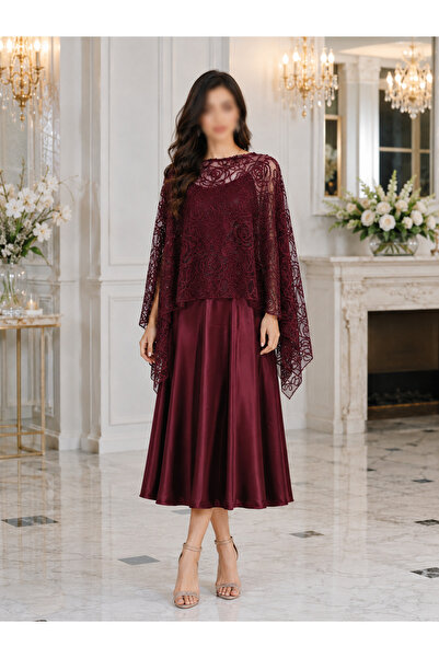 Nobrand Women's Burgundy Set with Embroidered Lace Cape Luxurious Design for ...