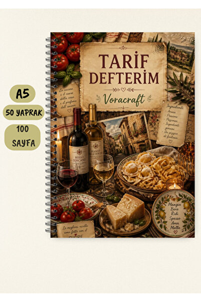 VORACRAFT Yemek Tarif Defteri, 50 Yaprak /100 Sayfa, A5 / Tel Spiral TRF0049