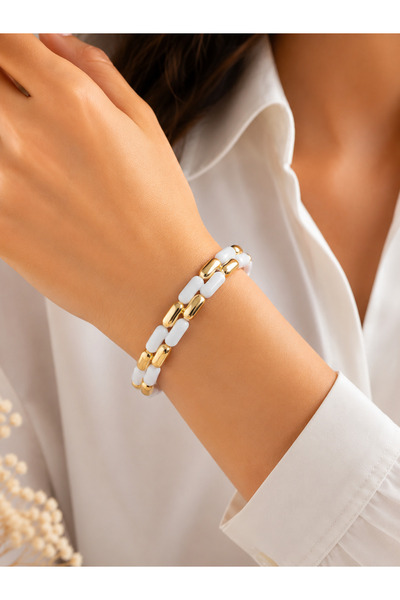 CM Jewelry Women's Ceramic Bracelet with Gold Detail, White Mint, Flexible Mo...