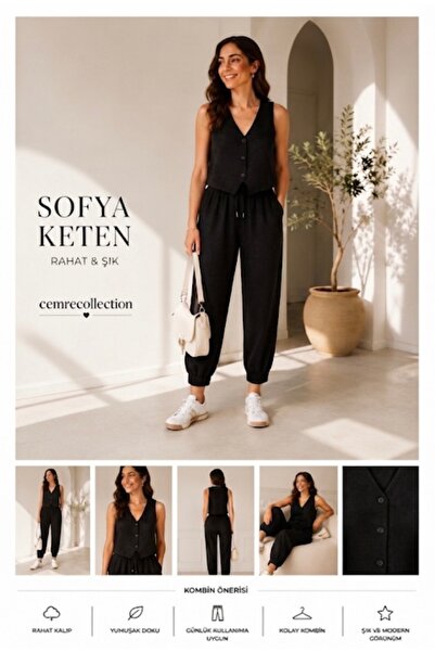 Cemre Collection Sofya keten yelek ve pantolon takımı
