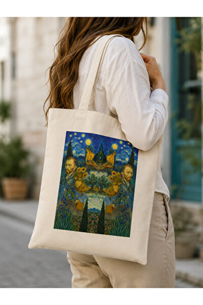 Tomris Hatun Van Gogh Series Printed Raw Cloth Bag, Shoulder Bag, Shopping Cl...