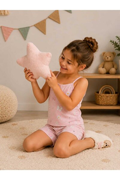 BEBEĞİME ÇORAP Girls' Summer Cotton Pajama Set with Straps and Shorts