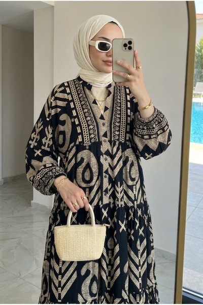 Kirazca Butik Women's Ottoman-Inspired Patterned Hijab Dress (Unlined)