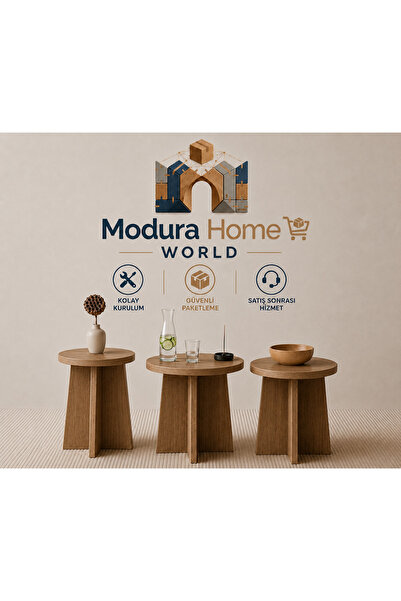Modura Home 3 lü Zigon sehpa Mantar Sehpa Ahşap Desen Orta Yan Sehpa