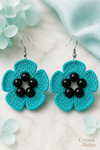 Crystal Atelier Turquoise Knitted Flower Earrings Black Beaded Dangle Daisy E...