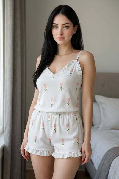 civetta Şıktasarım White Floral Patterned Pajama Set with Straps and Shorts