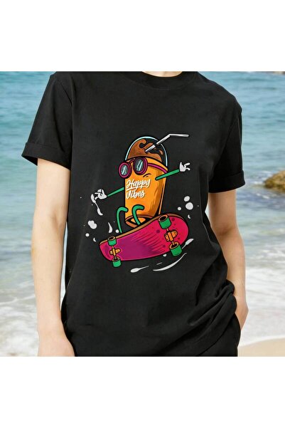 2mcup Ladies' Fun T-Shirt Skateboarding Iced Coffee "Happy Vibes" Print 180g ...