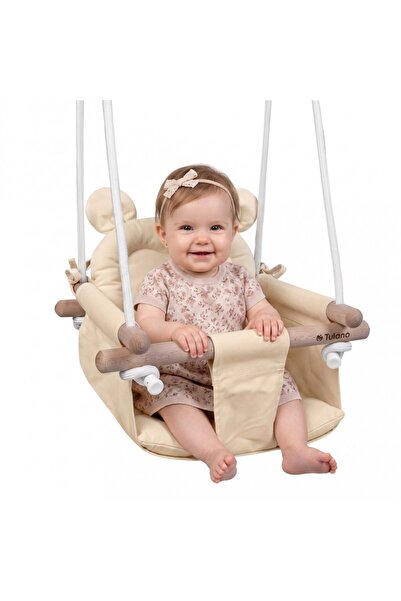 Tulano Leagan textil din lemn pentru copii Hop 30 Beige cu centura de siguran...