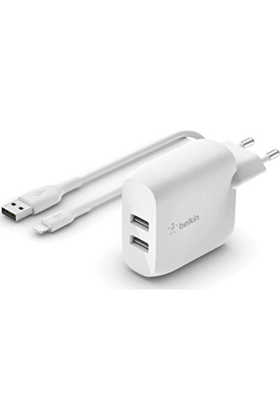 Belkin Φορτιστής με 2 θύρες USB-A και καλώδιο Lightning 24W Λευκός (Boost Cha...