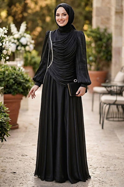 N.S NEVA STYLE Sparkling Black Draped Hijab Evening Dress 57091S