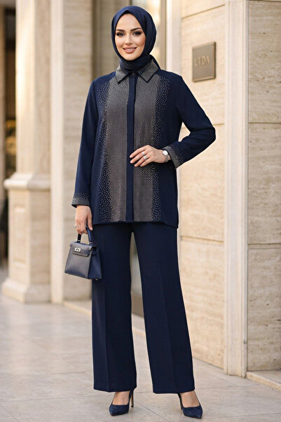 Neva Style Set dublu hijab din crep, albastru marin, brodat cu pietre, import...